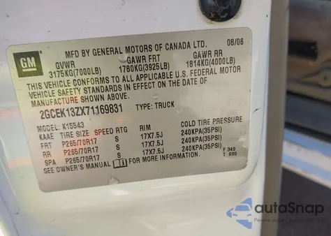 2007 Chevrolet Silverado 1500 Classic Lt1 from USA, damaged, VIN 2GCEK13ZX71169831